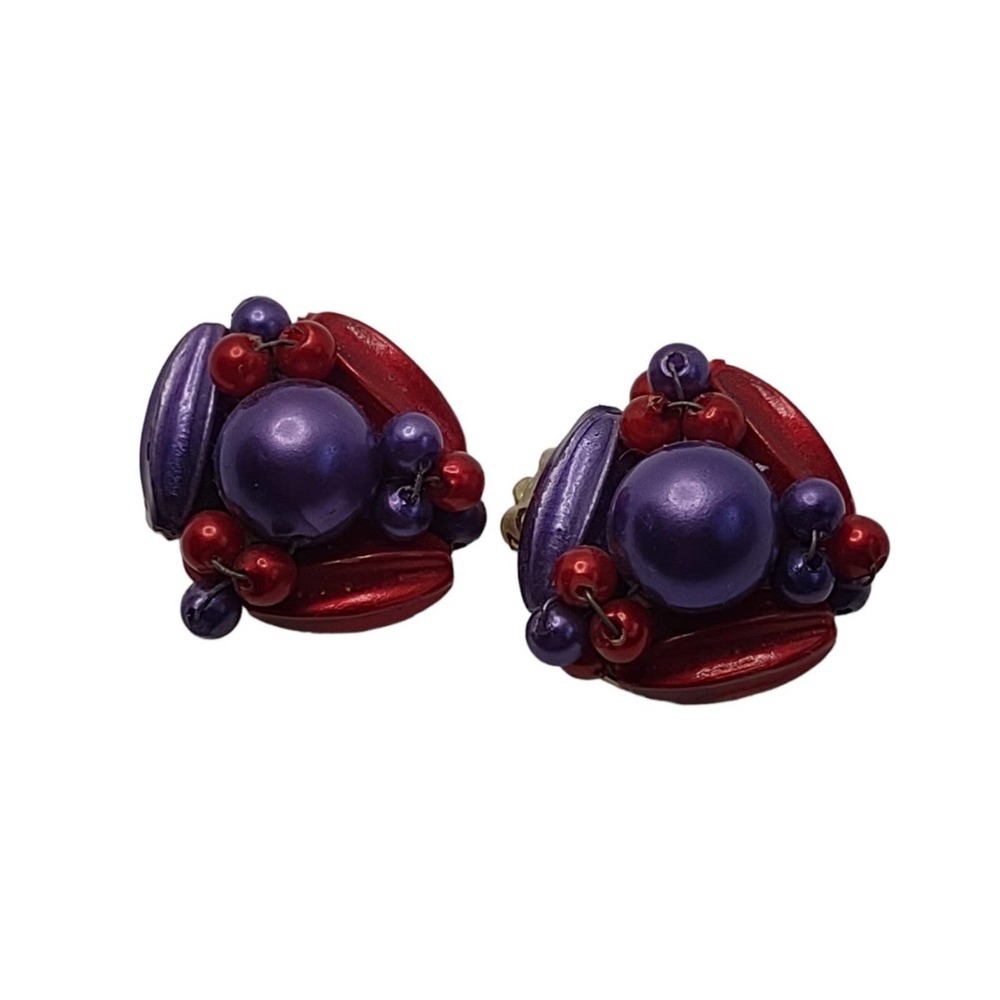 Vintage Red & Purple Hong Kong Signed Clip On‎ Earrings